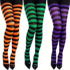 3 Pairs Striped Pantyhose High Waisted Elastic Slim Fit Footed Stockings