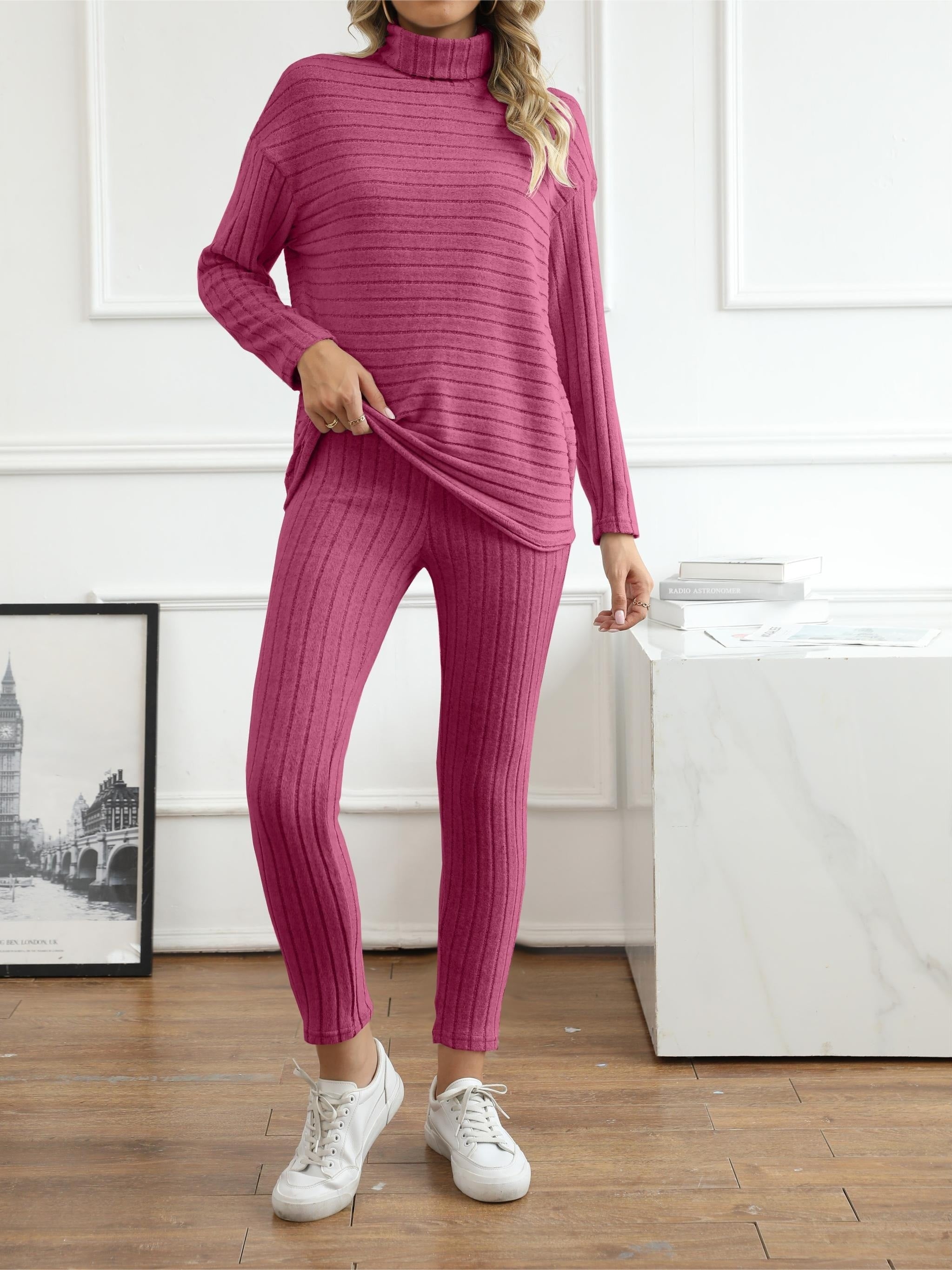 Ribbed Two Piece Set Long Sleeve Turtleneck Top & Slim Pants Outfits