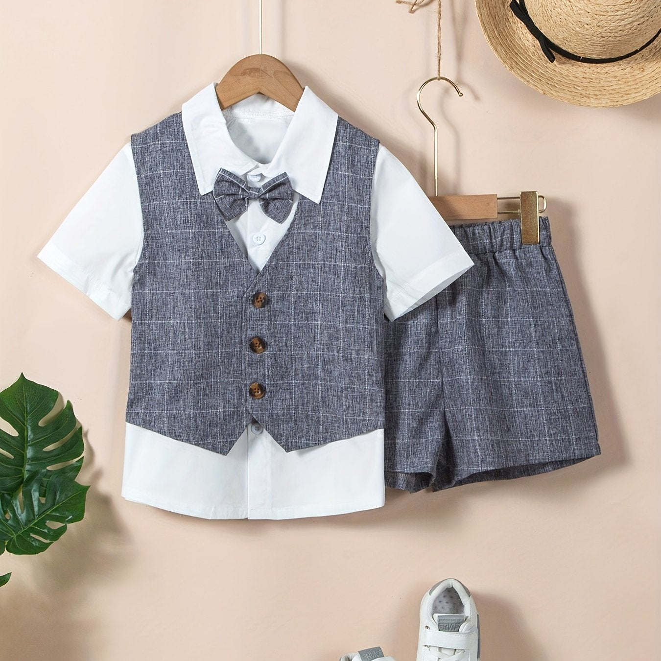 Boys Gentleman Outfits Short Sleeve Bowtie Shirt&Shorts&Vest Kids Clothing Set
