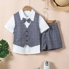 Boys Gentleman Outfits Short Sleeve Bowtie Shirt&Shorts&Vest Kids Clothing Set