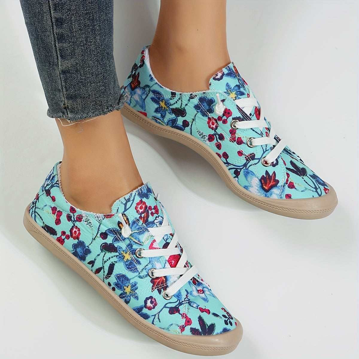 Floral Print Canvas Lace Up Flat Sneakers for Women
