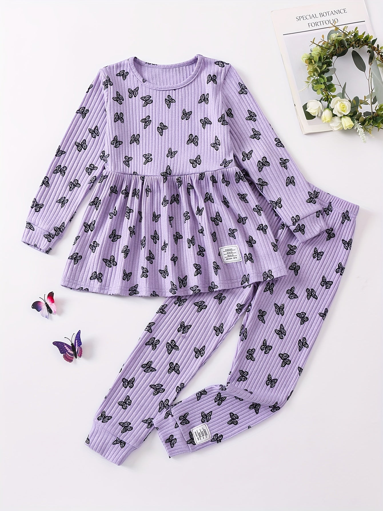 Girls' Love Heart Print 2pcs Long Sleeve Top & Pants Set
