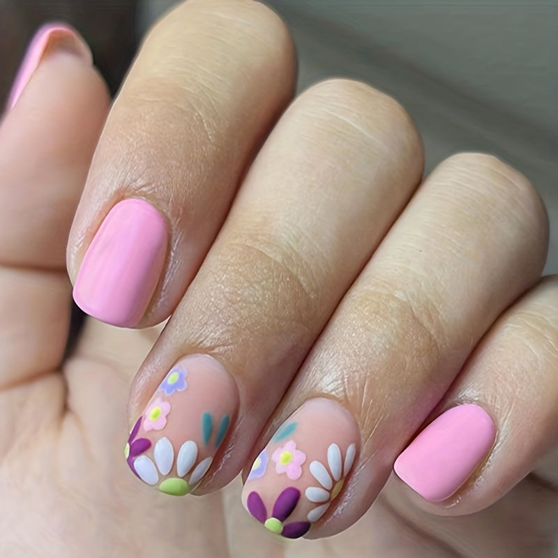 24pcs Colorful Daisy Flower Press On Nails Matte Acrylic Stick On Nails