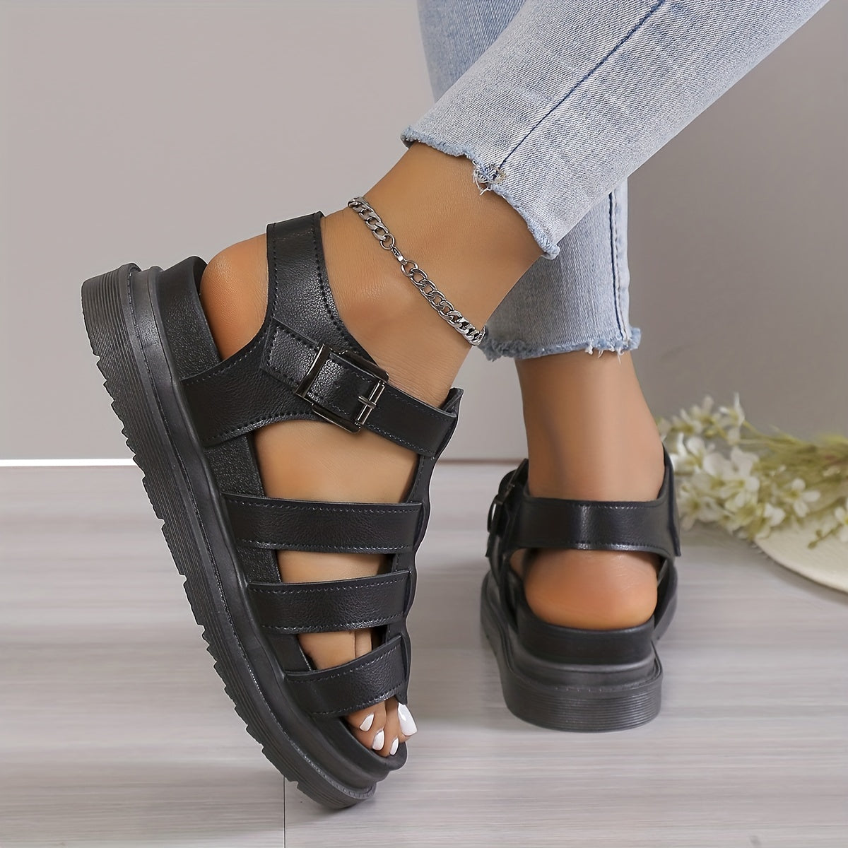 Women's Platform Roman Sandals Open Toe Ankle Buckle Strap Soft Sole Shoes