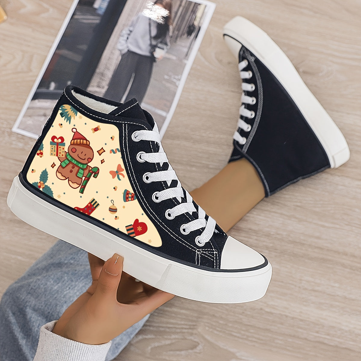 Gingerbread Print Plush Lined Thermal Canvas Sneakers