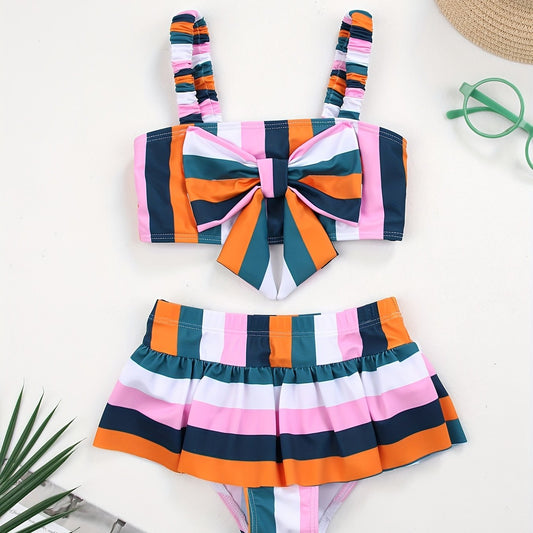 Toddler Girls Stripe Ruffle Bow Bikini Tankini Swimsuit
