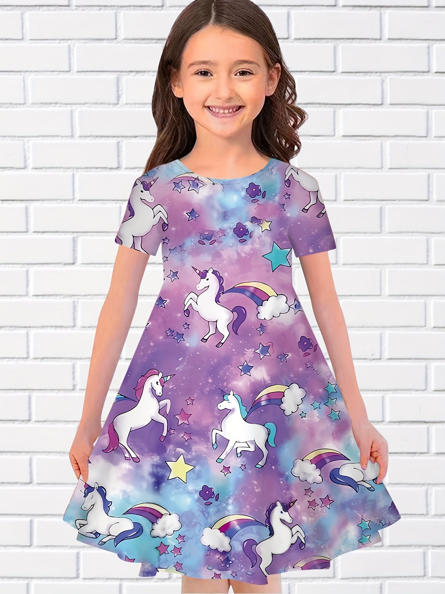 3D Unicorn & Starry Sky Graphic Short Sleeve Dress Girls Comfy Dresses
