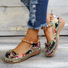 Floral Print Flat Shoes Ankle Strap Slip On Casual Walking Shoes