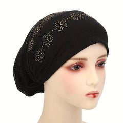 Rhinestone Flower Decor Beanie Turban Cap Slouchy Head Wrap