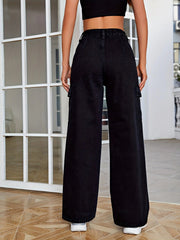 High Rise Denim Cargo Pants Solid Wide Leg Casual Cargo Jeans