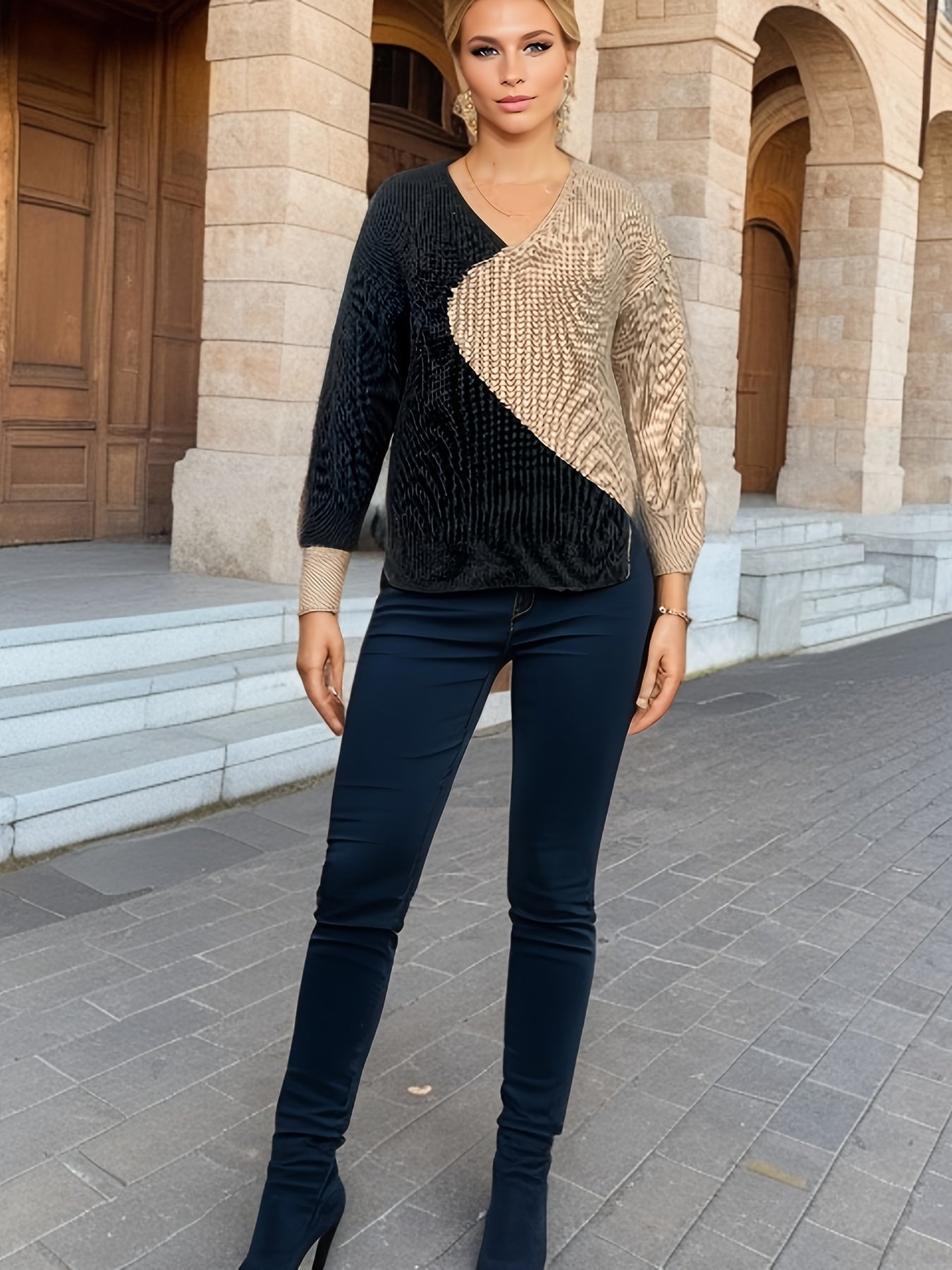 Women's Plus Size Colorblock V-Neck Knit Sweater