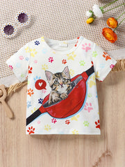 Baby Girls Cat Paw & Crossbody Bag Print T-shirt Top