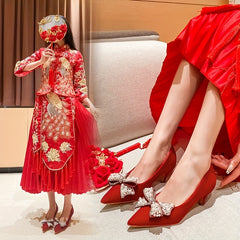 Red Kitten Heeled Pumps with Faux Pearl Bow Tie