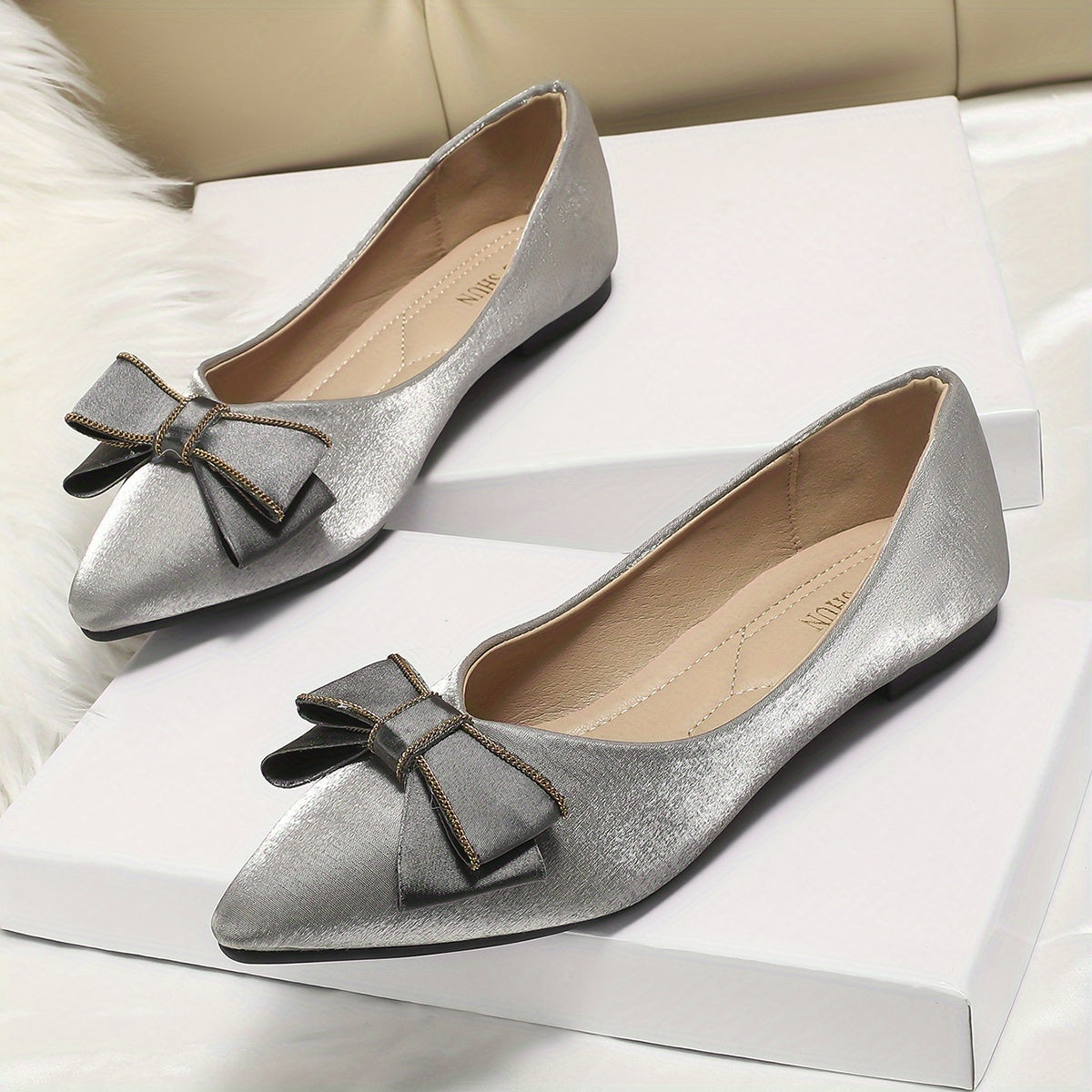 Women's Bowknot Ballet Flats Pointed Toe Satin Slip On Shoes