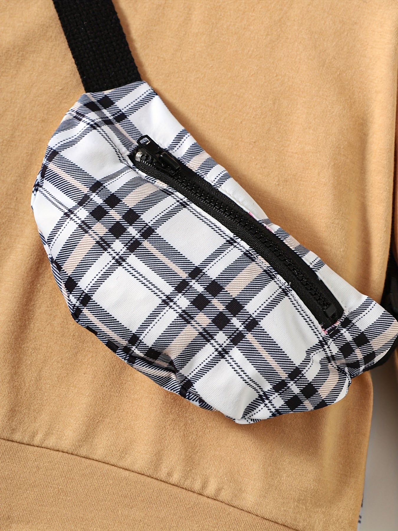 Plaid Pattern Toddler Boy's 3pcs Sweatshirt & Crossbody Bag & Sweatpants Set