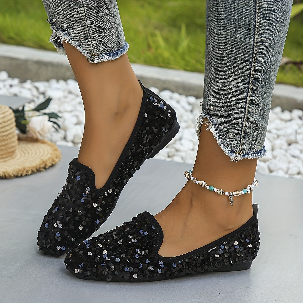 Sequin Flat Shoes Almond Toe Slip On Comfy Ballet Flats