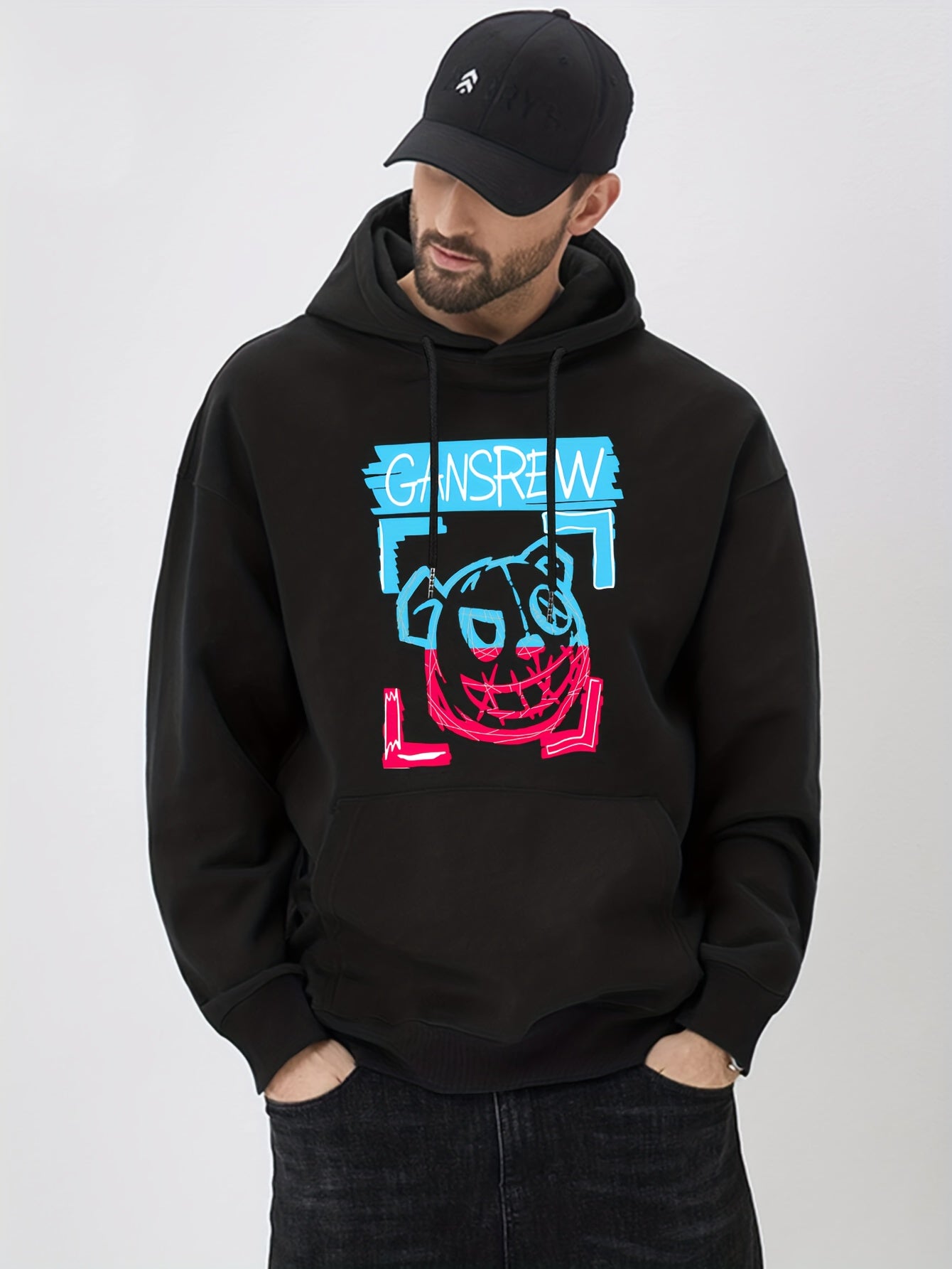 Evil Bear Print Hoodie Men's Graphic Pullover Hooded Sweatshirt