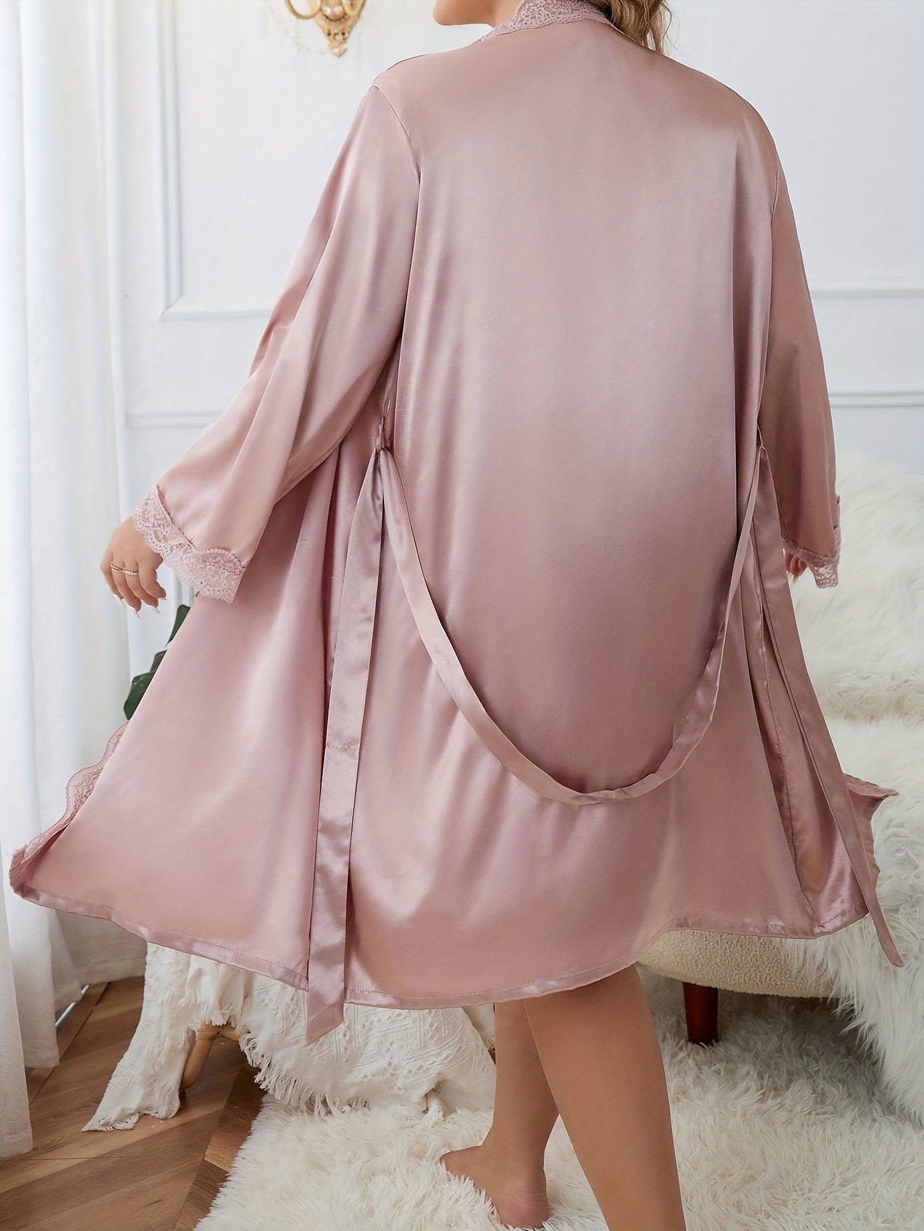 Plus Satin Lace Trim Cami Dress & Robe Set