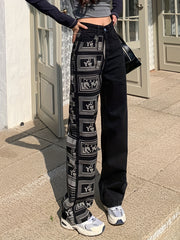 Geometric Print Patchwork Denim High Rise Jeans