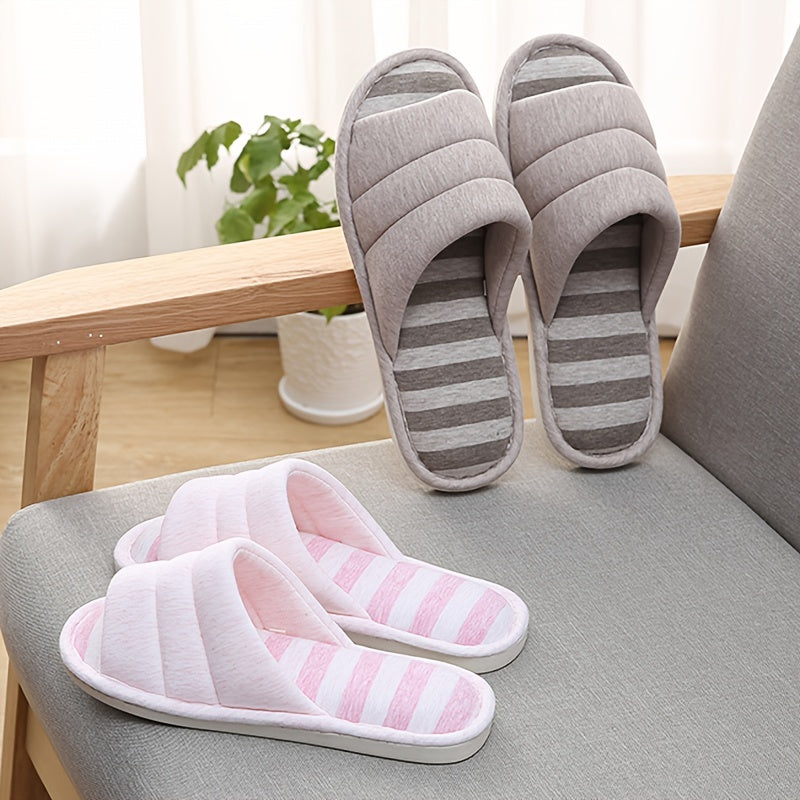 Stripe Pattern Slippers Open Toe Plush Lined Shoes
