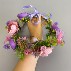 Bohemian Floral Wreath Headband with Purple & Pink Flowers Ribbon Bow
