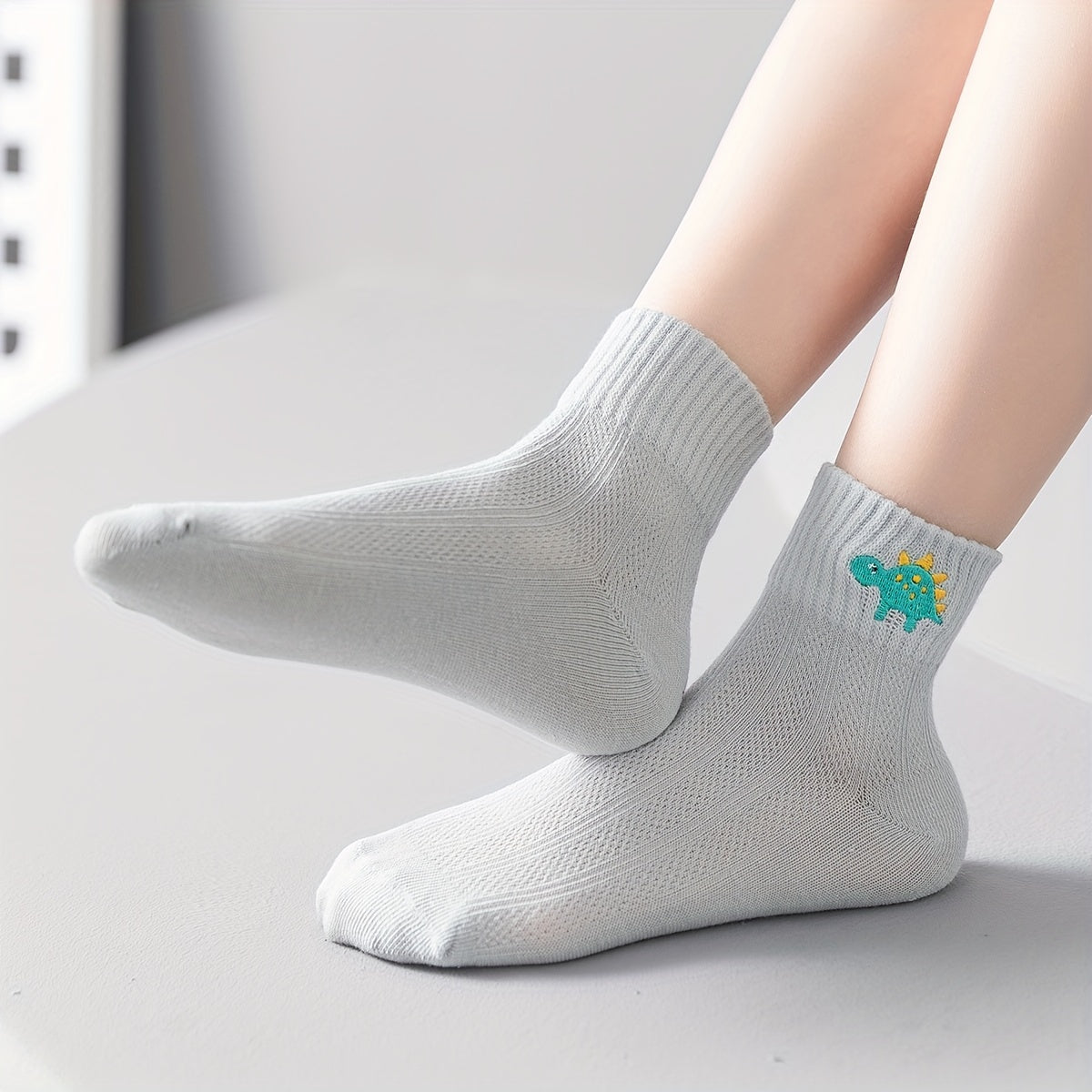 5 Pairs Dino Embroidery Socks for Kids Teen