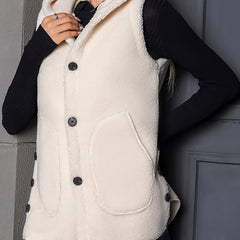 Hooded Teddy Vest Button Front Sleeveless Casual Outerwear
