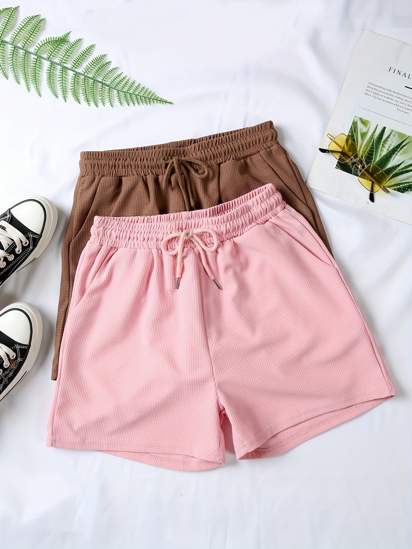 2 Pc Solid Sports Shorts With Pockets Set for Women