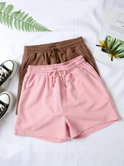 2 Pc Solid Sports Shorts With Pockets Set for Women