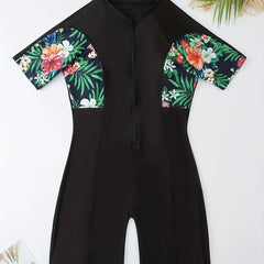 Boho Swimsuit Tropical Print Short Sleeve One Piece