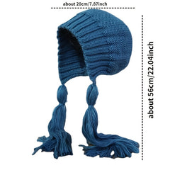 Long Twist Braided Sweater Hat Women's Tassel Knitted Hat Solid Warm Ear Protect