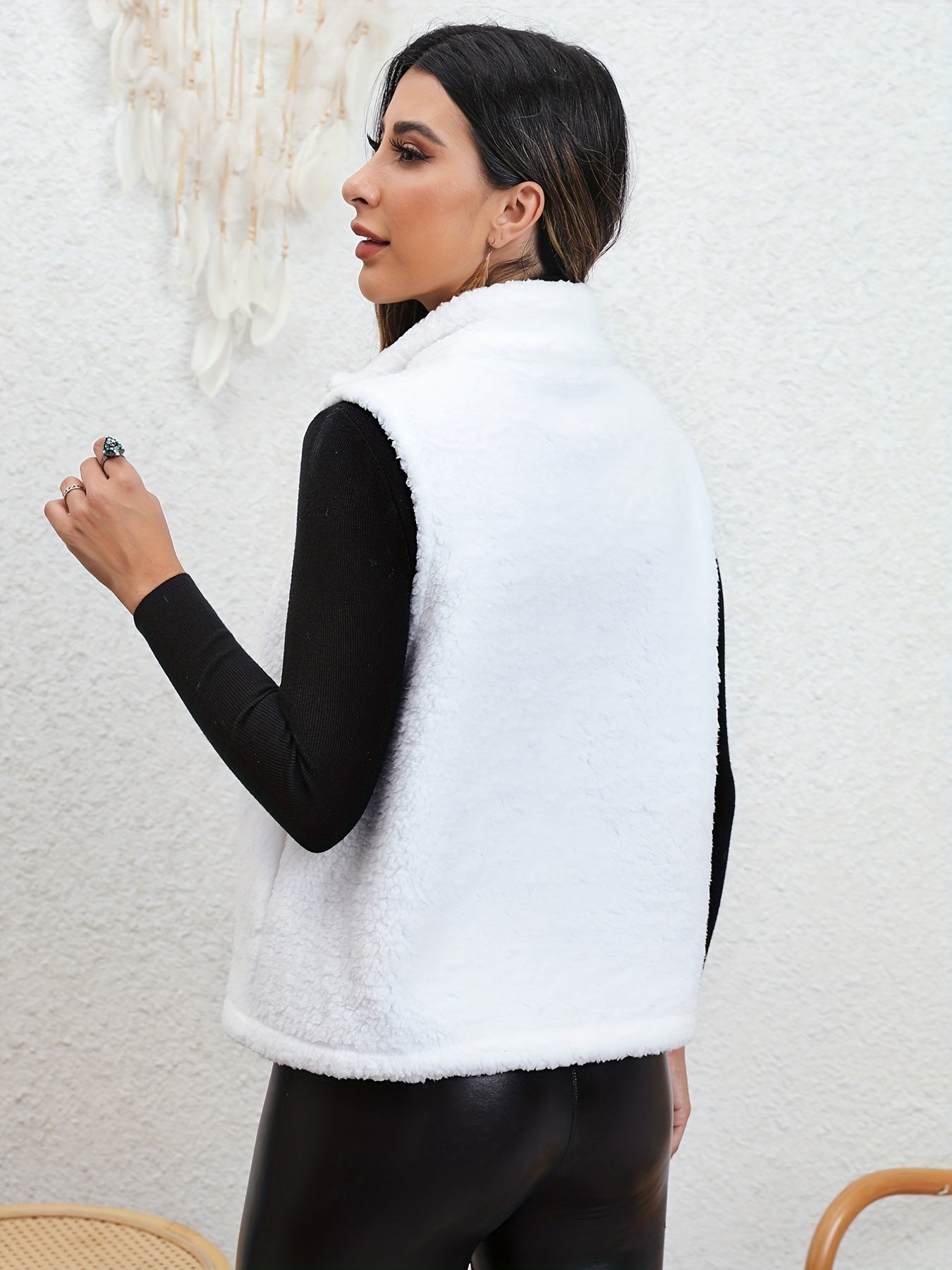 Sleeveless Zip Up Teddy Vest Stand Collar Casual Solid Women's Vest
