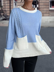 Colorblock Crew Neck Pocket Sweater Loose Long Sleeve Knit Fall Winter