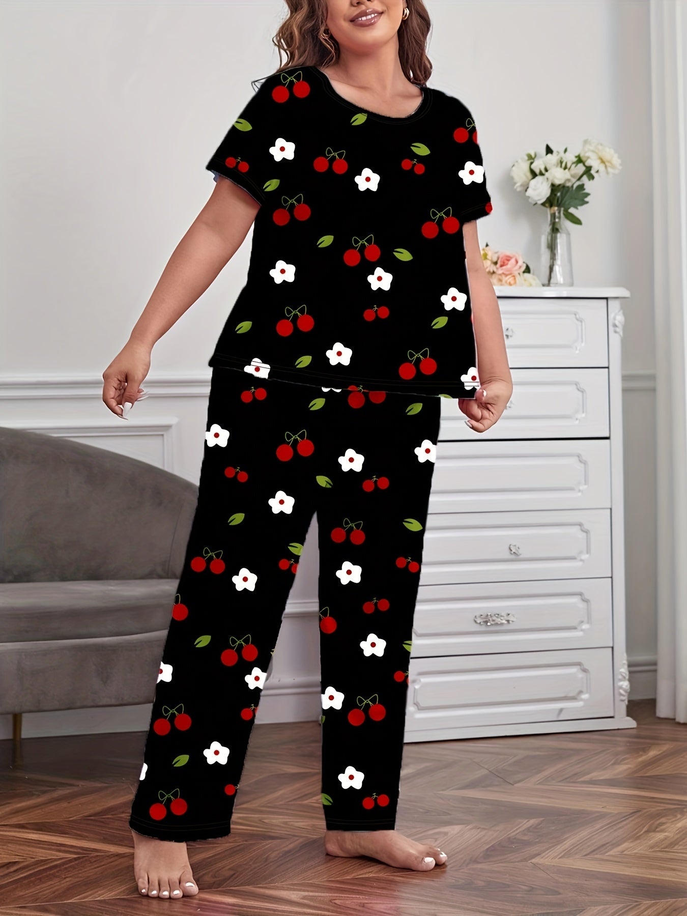 Floral & Cherry Print Plus Size Pajama Set Short Sleeve Tee & Pants Loungewear
