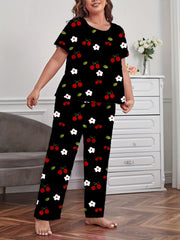 Floral & Cherry Print Plus Size Pajama Set Short Sleeve Tee & Pants Loungewear