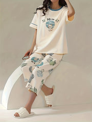Cartoon Cat Pajama Set Short Sleeve Top & Capris Pants