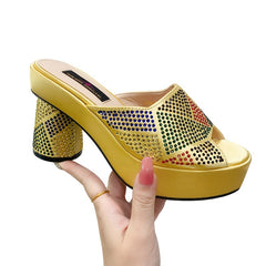 Platform High Heels Rhinestone Peep Toe Block Heels Party Sandals