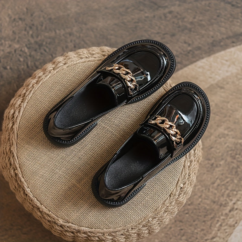 Women's Chunky Heel Loafers with Metallic Chain Detail