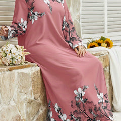 Floral Print Long Sleeve Maxi Abaya Dress for Women