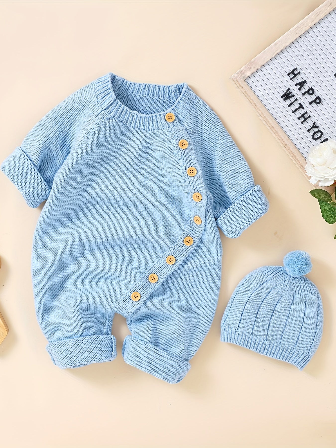 Personalized Knit Baby Onesie Diagonal Buttons & Hat