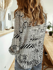 Casual Blouse Women's Plus Allover Print Long Sleeve Button Up Top