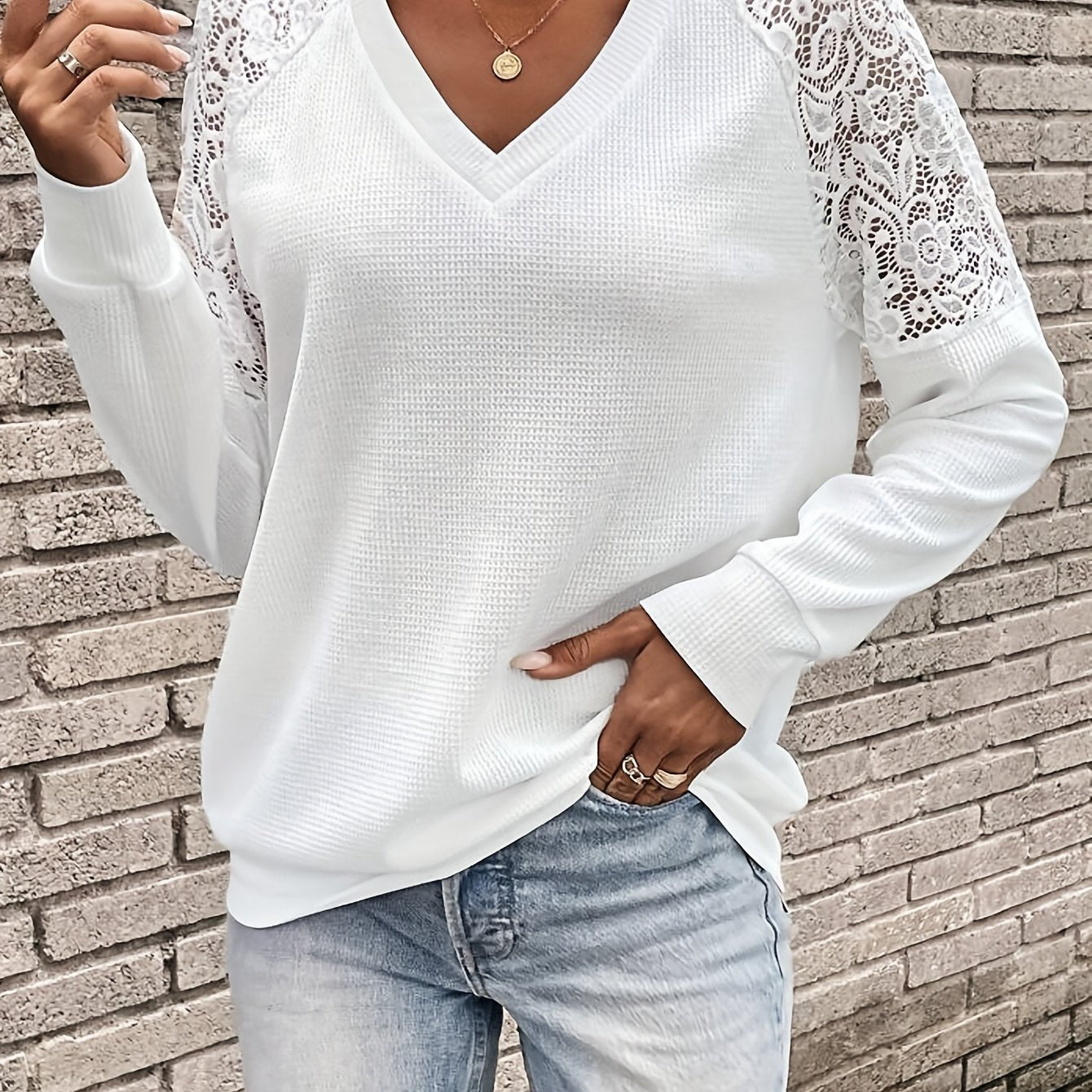 Casual Knit Top Women's Plus Solid Contrast Lace Long Sleeve V Neck