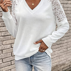 Casual Knit Top Women's Plus Solid Contrast Lace Long Sleeve V Neck