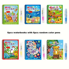 6pcs Water Painting Activity Books with Colorful Pens - Animals & Nature Themes