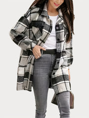 Plaid Print Shacket Jacket Long Sleeve Turn Down Collar Outerwear