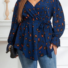Leopard Print Lantern Sleeve Blouse with Belt