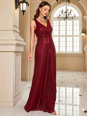Surplice Neck Sequined Dress Sleeveless Ankle Dress For Party & Banquet