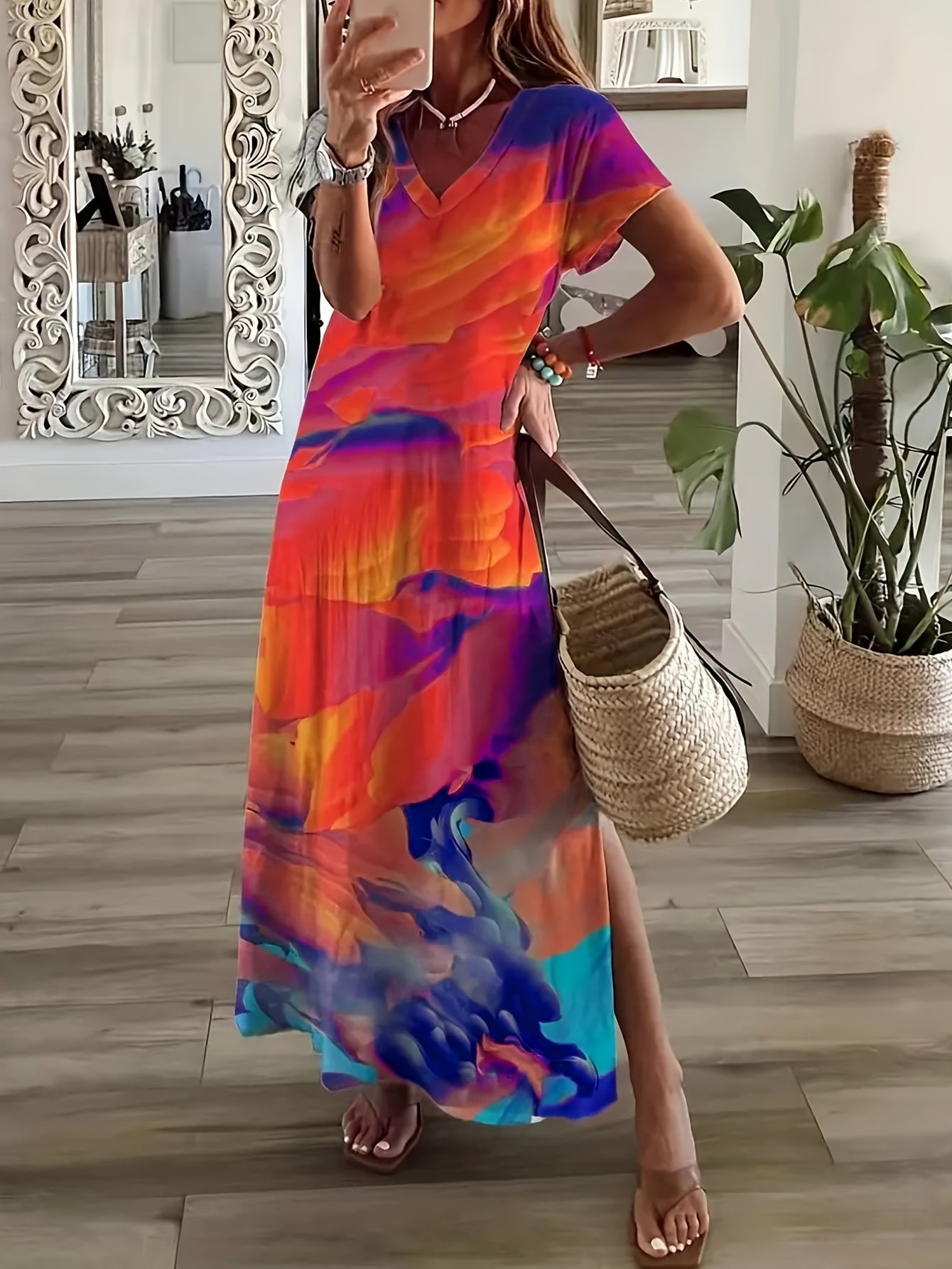 Vintage V Neck Maxi Dress Women's Clothing