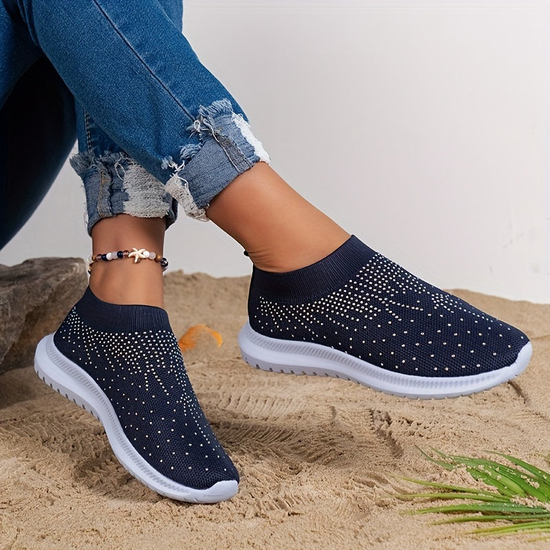 Women's Rhinestone Decor Sneakers Breathable Casual Flying Woven Shoes
