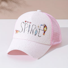 Letter Bird Printed Trucker Hat Pink Mesh Breathable Baseball Cap Women